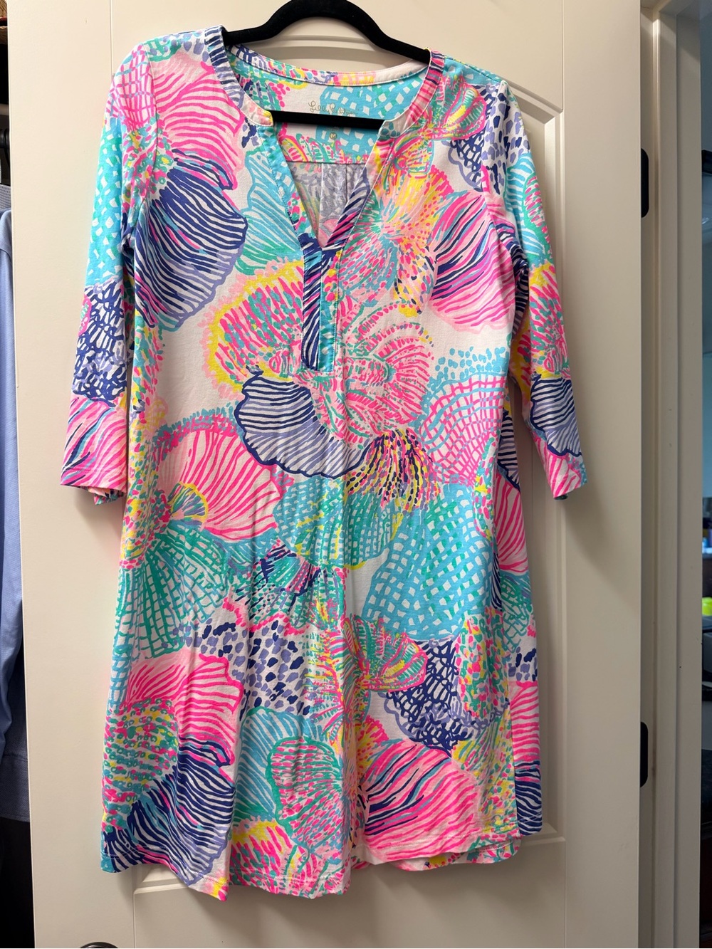 Lilly Pulitzer Pink Aqua Navy Yellow Shell Printed Dress Pima Cotton Medium